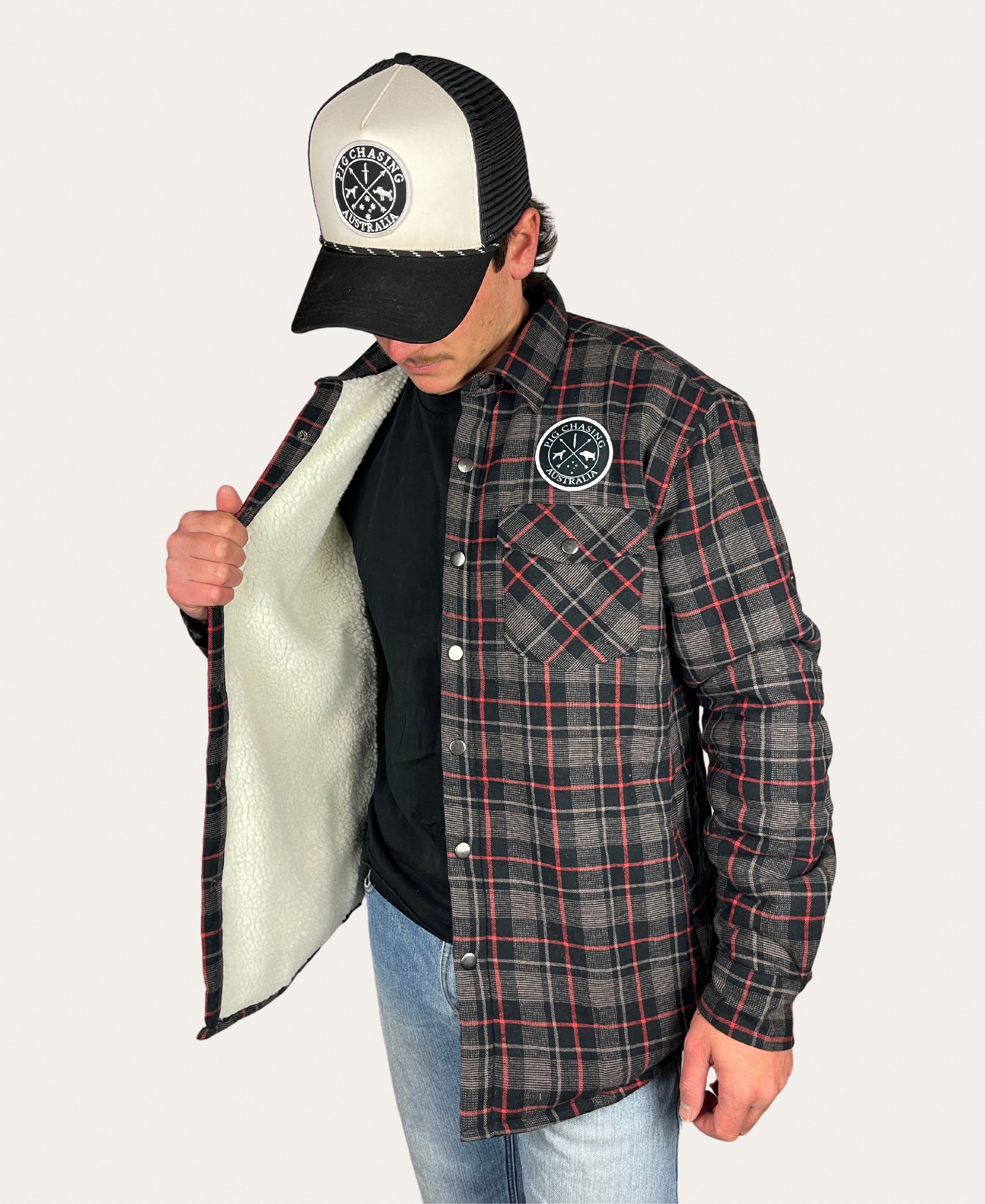 Sherpa Lined Flannel Jacket Black Red
