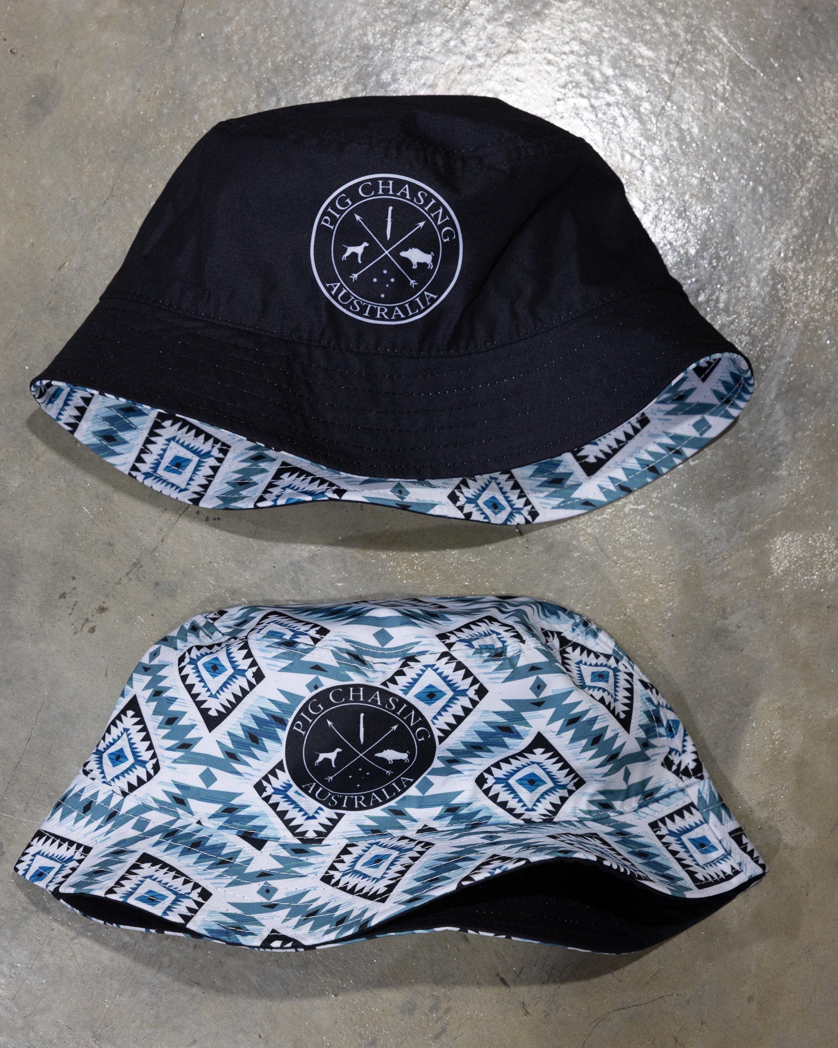 Aztec Hat Merch Blue Aztec Reversible Bucket Hat – Pig Chasing Australia