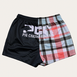 Plaid Footy Shorts - Blue/Black/Red - Zip Pockets