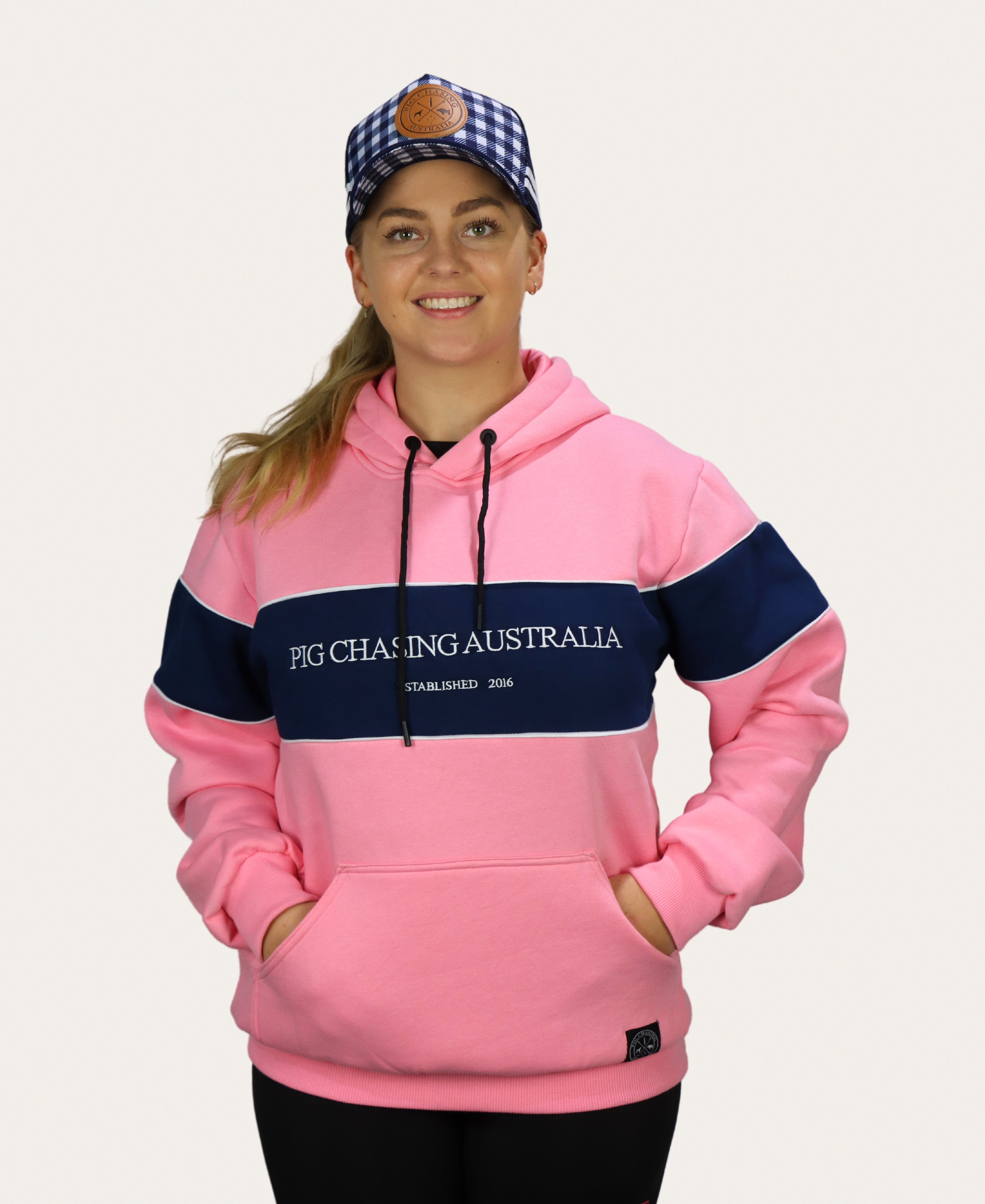 Embroidered Hoodie Pink Pig Chasing Australia