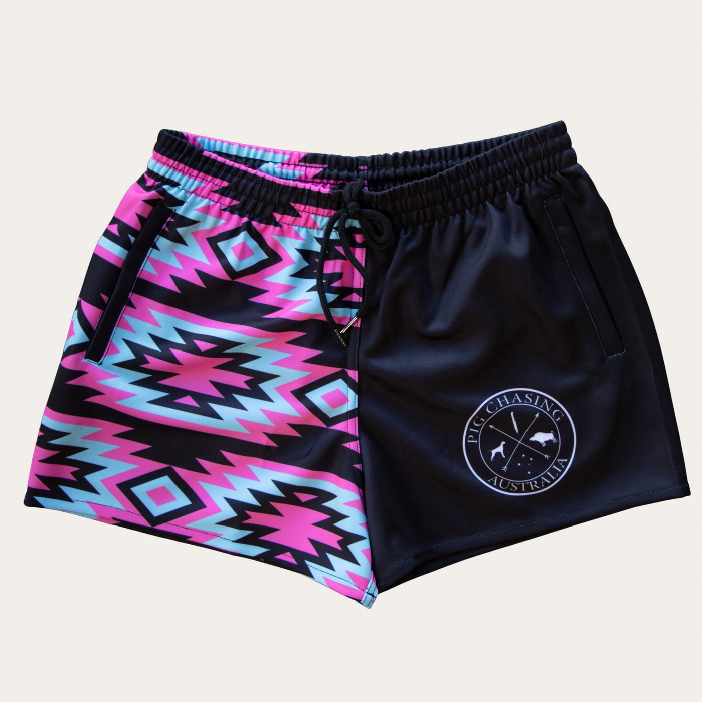 Footy Shorts - Pink/Black Aztec - ZIP Pockets!
