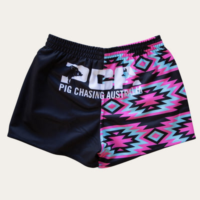 Footy Shorts - Pink/Black Aztec - ZIP Pockets!
